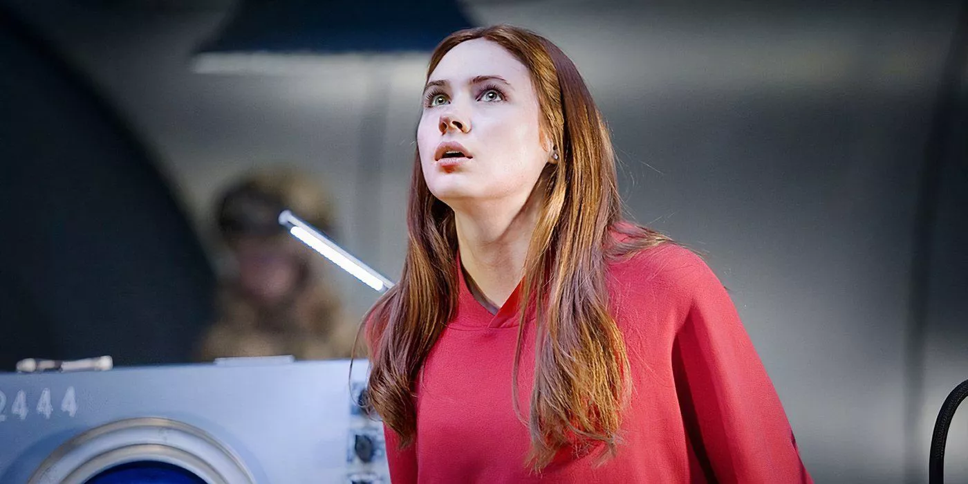 Amy Pond (Karen Gillan) looks up in fear in Doctor Who