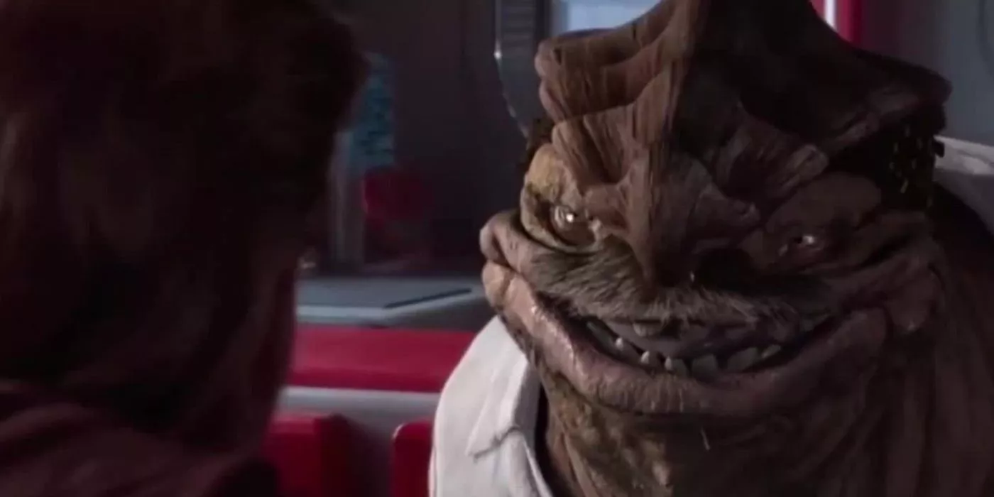 Star Wars' Dexter Jettster smiles in Attack of the Clones