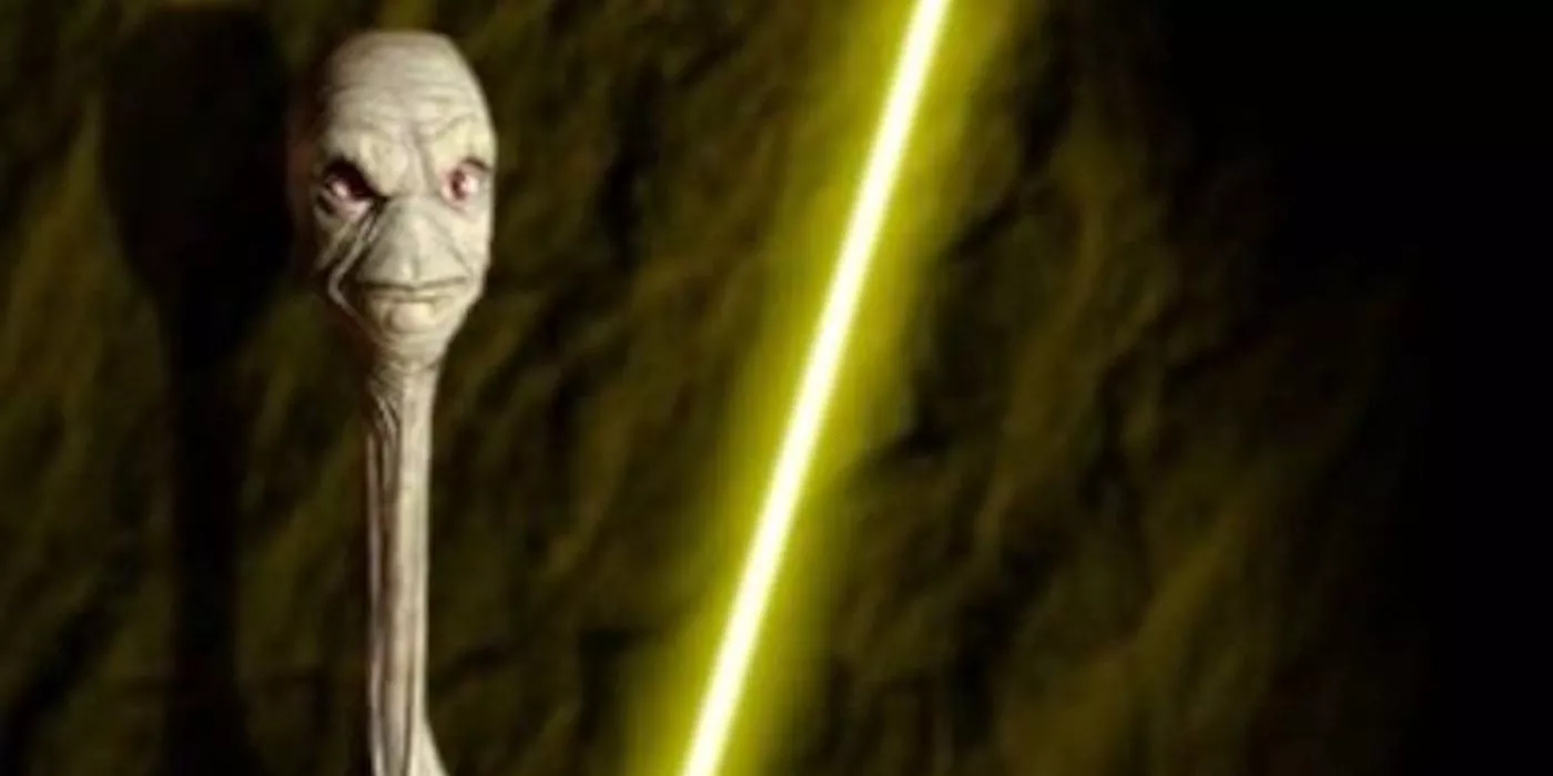 Jedi Master Yarael Poof with a yellow lightsaber in Star Wars.