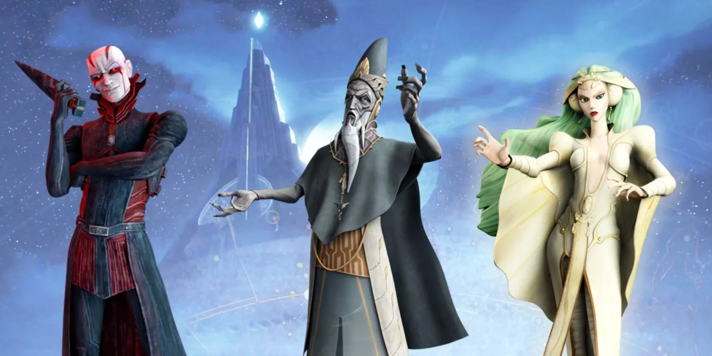 The Father, the Son, and The Daughter from Star Wars The Clone Wars in Front of the Monastery on Mortis