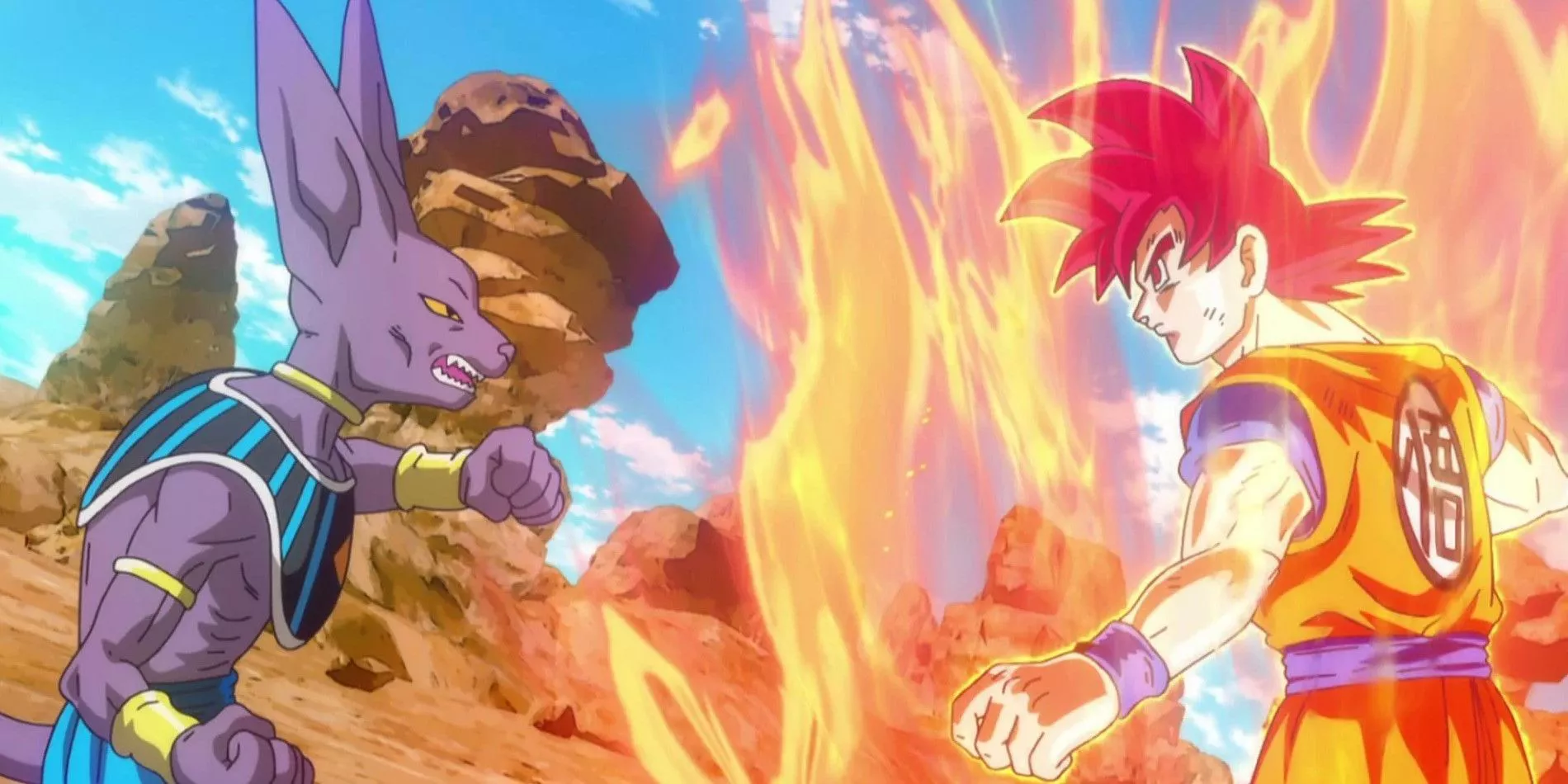 Super Saiyan God Goku fights Beerus in Dragon Ball Z: Battle of Gods.