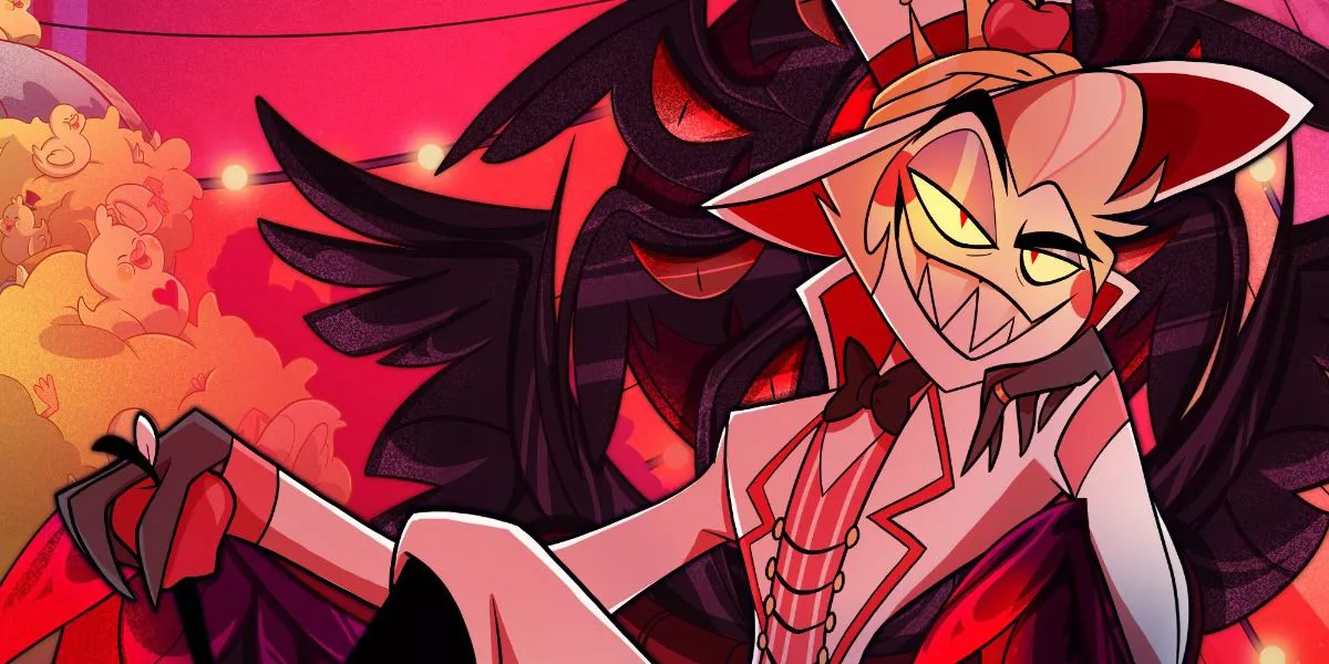 Lucifer sentado en un trono de alas y ojos con sus propios ojos brillando desde Hazbin Hotel