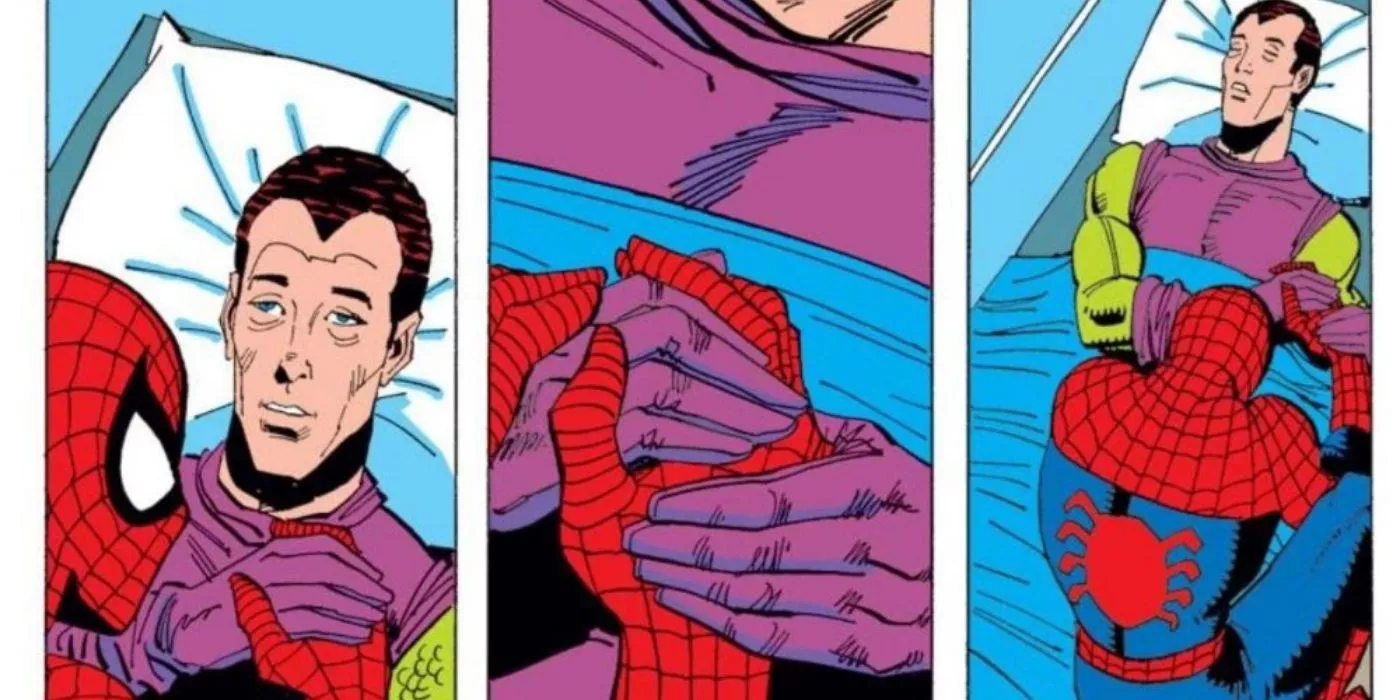 Spider-Man holds Harry Osborn's hand as Harry passes away