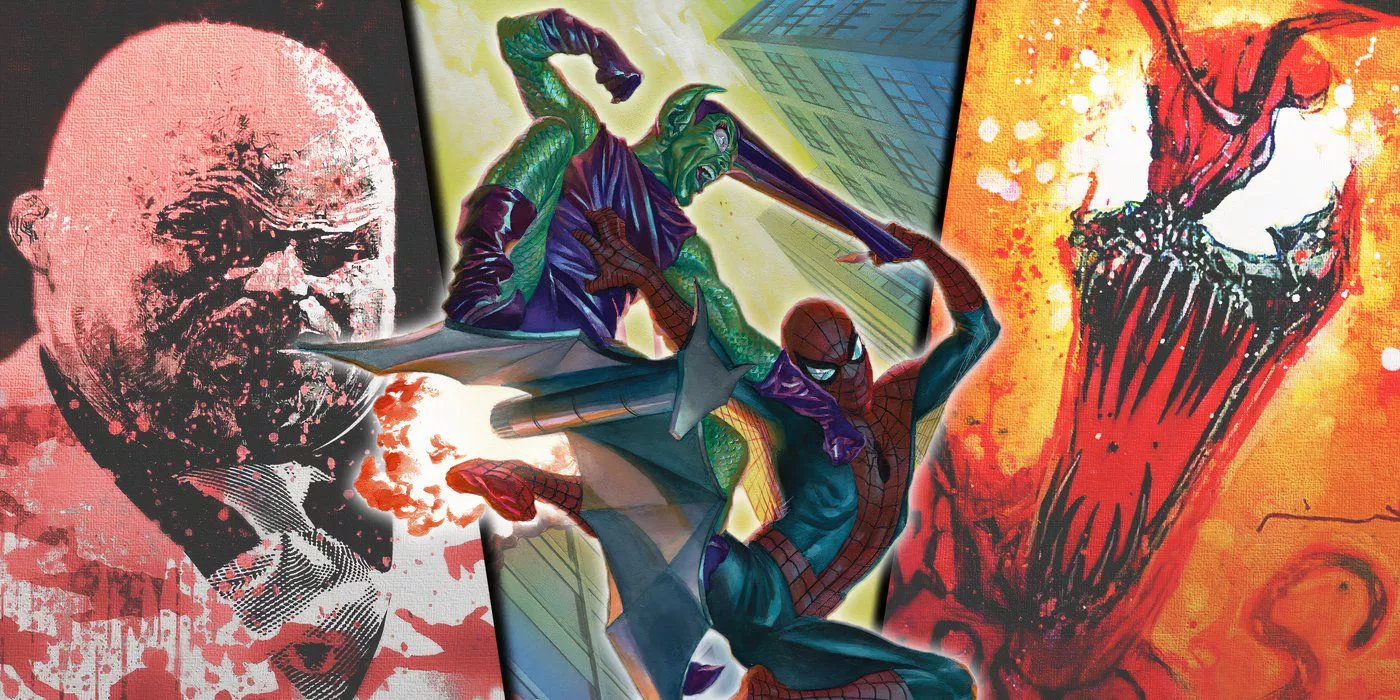 Split image of Spider-Man fighting Green Goblin with Kingpin and Carnage from Marvel Comics