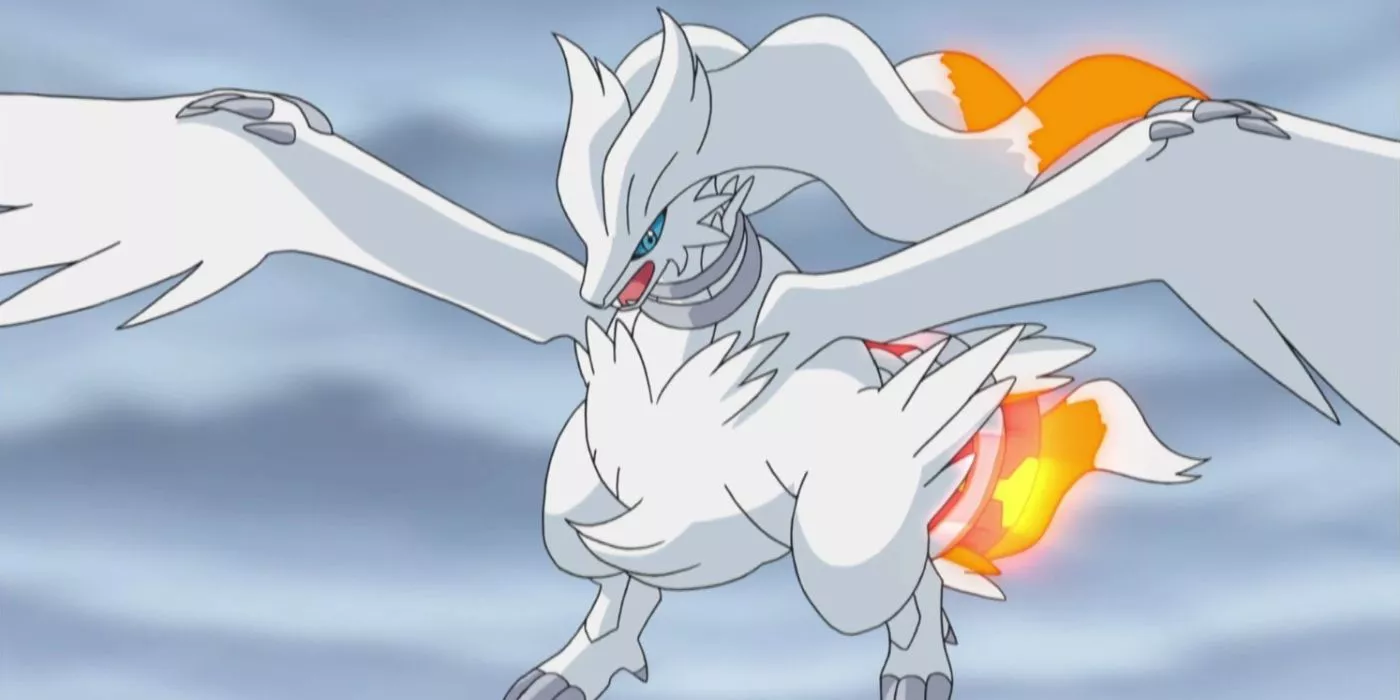 Reshiram floating in the sky in the Pokémon anime.