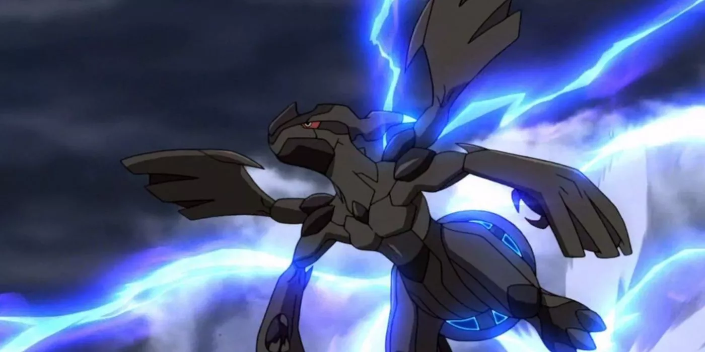 Zekrom flying through the sky as lightning strikes in the Pokémon anime.