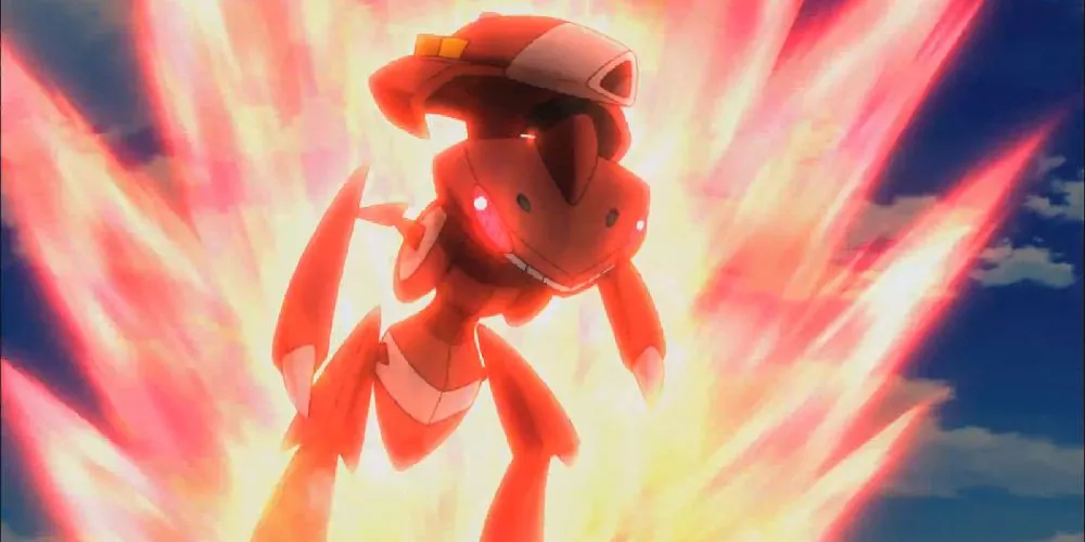 Red Genesect preparing an attack in the Pokémon anime.