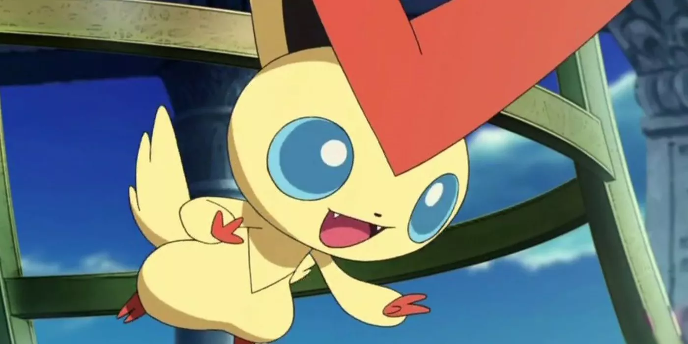 Victini smiling and floating in the air in the Pokémon anime.