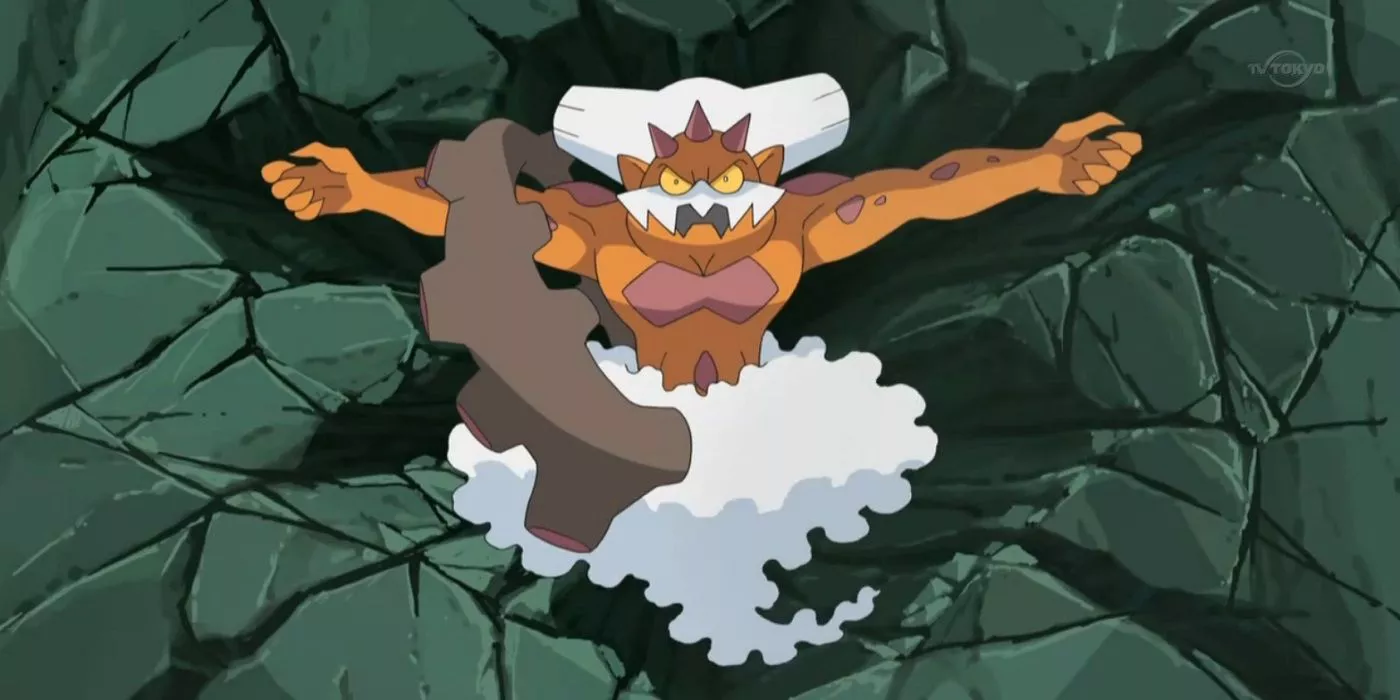 Landorus in a destroyed wall in the Pokémon anime.