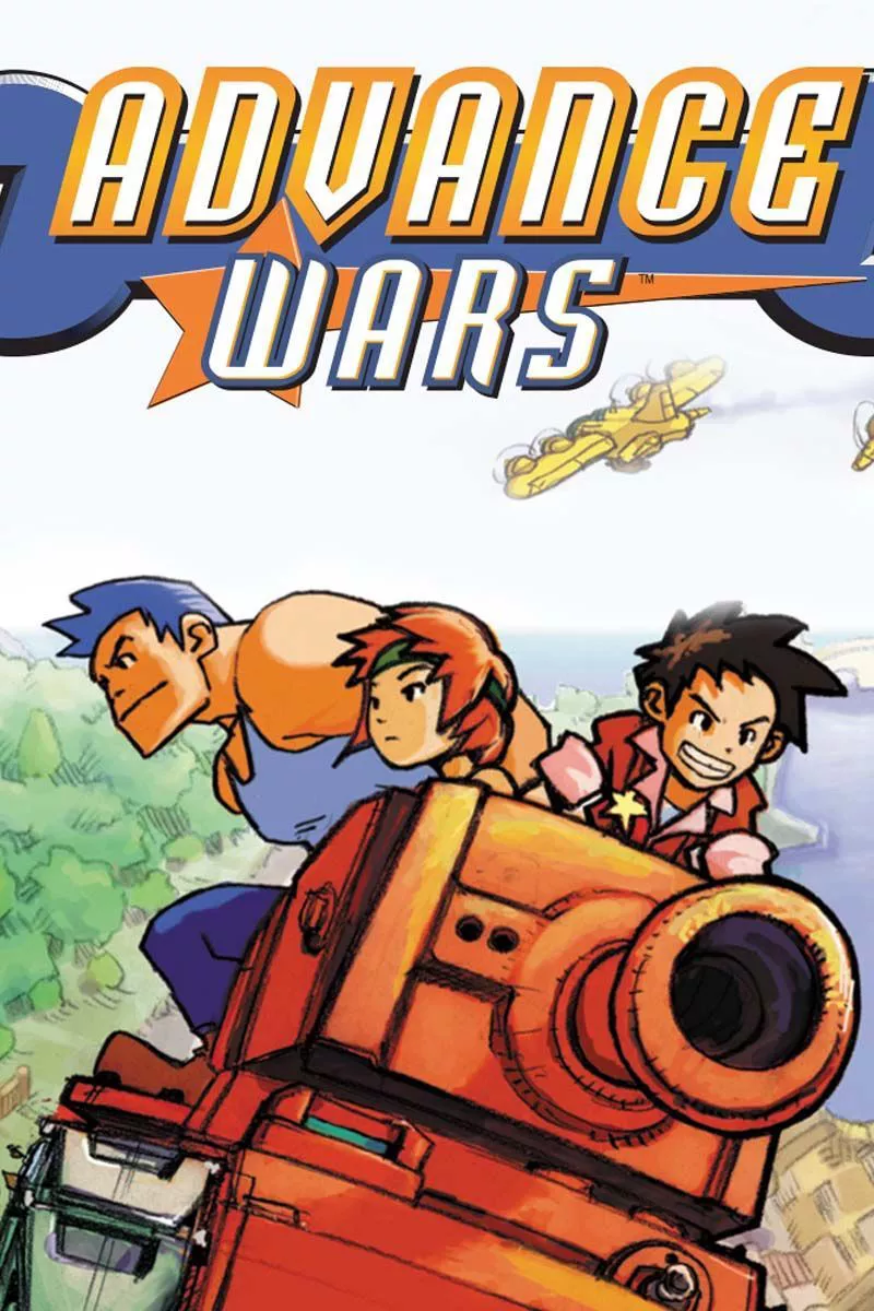 El póster de Advance Wars muestra a Andy sonriendo mientras conduce a Sami y Flak en un tanque.