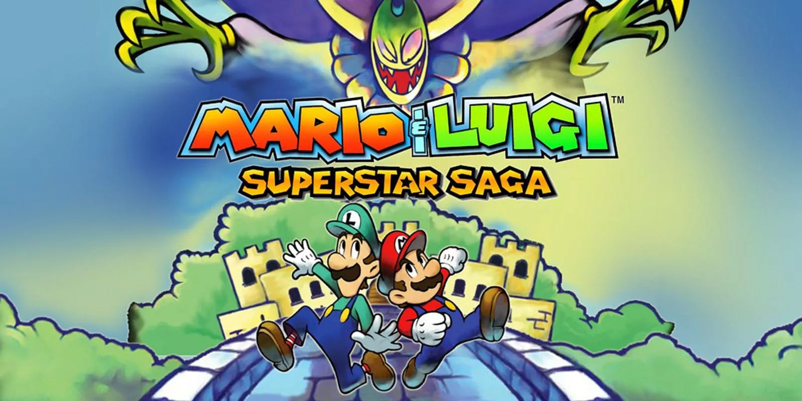 Arte clave de Mario & Luigi: Superstar Saga que presenta a los dos y al villano principal sobre ellos.