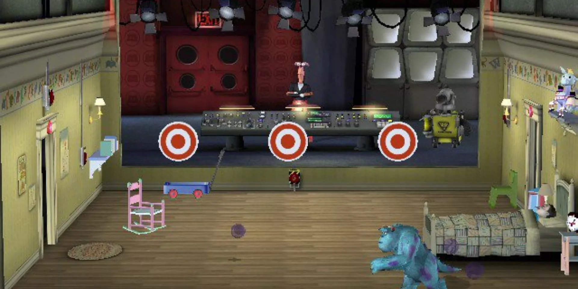 A player as Sully runs around in Monsters Inc Scream Arena.