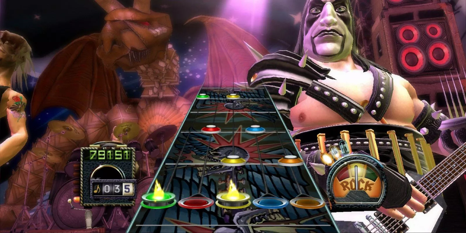 Guitar Hero gameplay features a man playing guitar who looks like a member of the band Kiss.