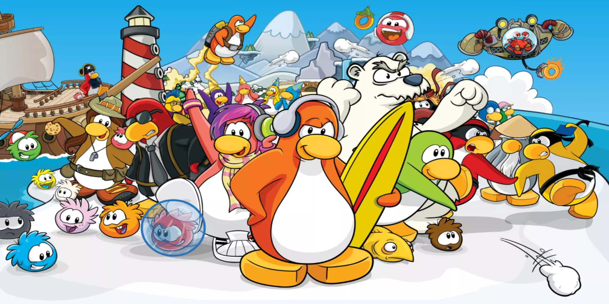 The Club Penguin title screen features various penguins and puffles.