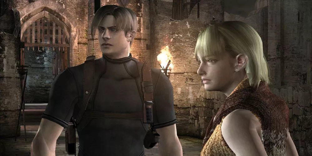 Leon Kennedy and Ashley are standing together in Resident Evil 4 (2005).