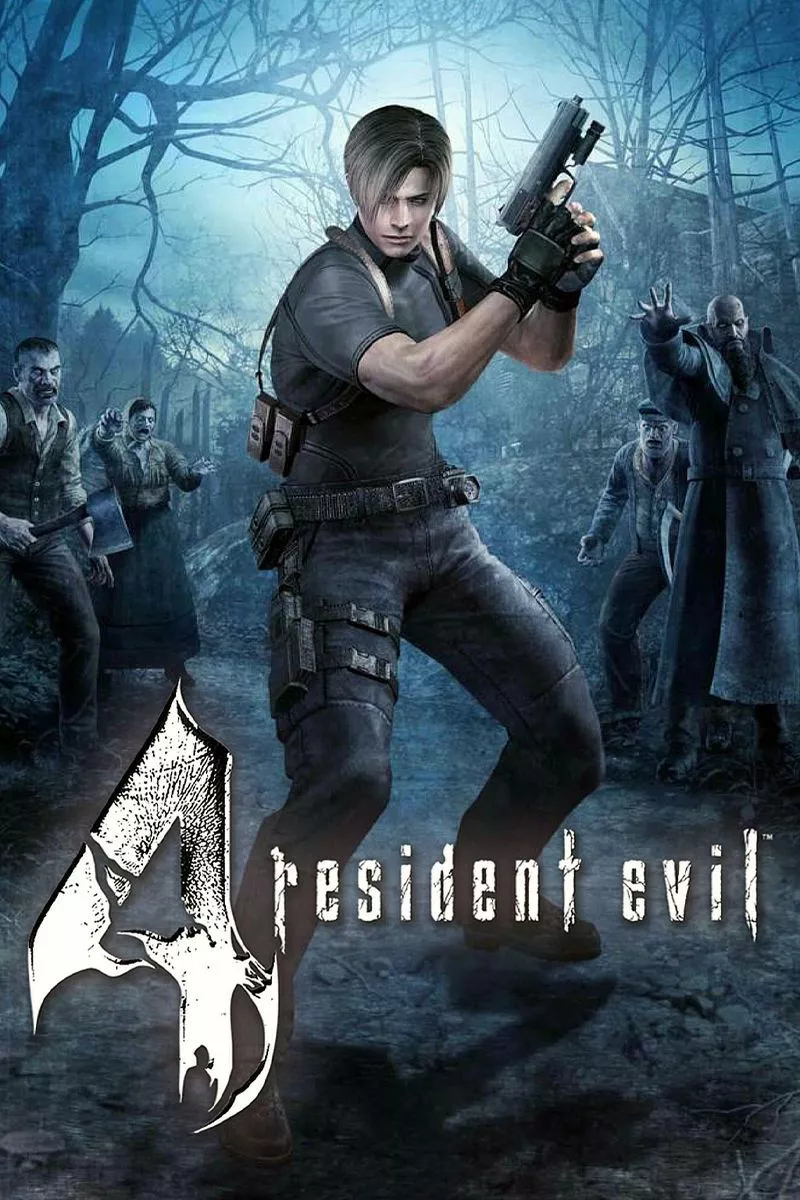 The box art for Resident Evil 4 prominently features Leon Kennedy with a gun and various enemies behind him.