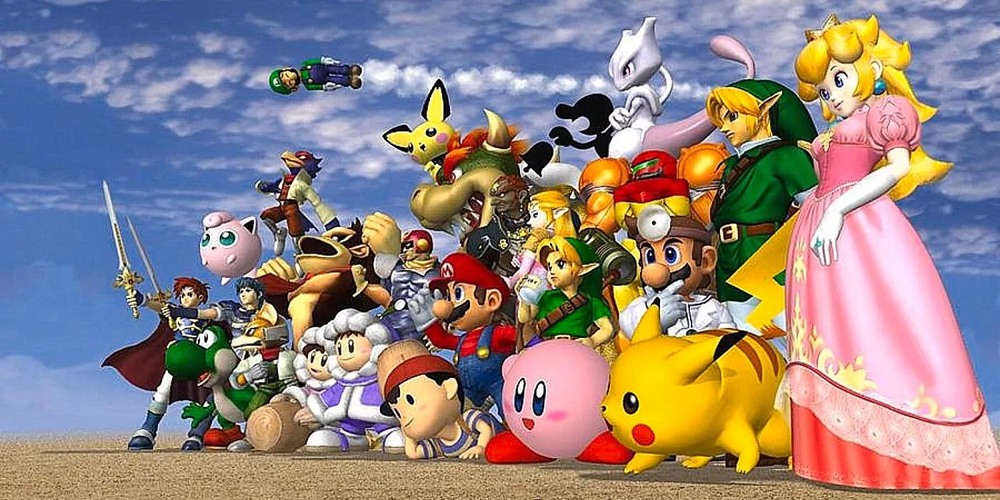 The cast of Super Mario Smash Bros. Melee, including Pikachu and Princess Peach, are stood alongside each other.