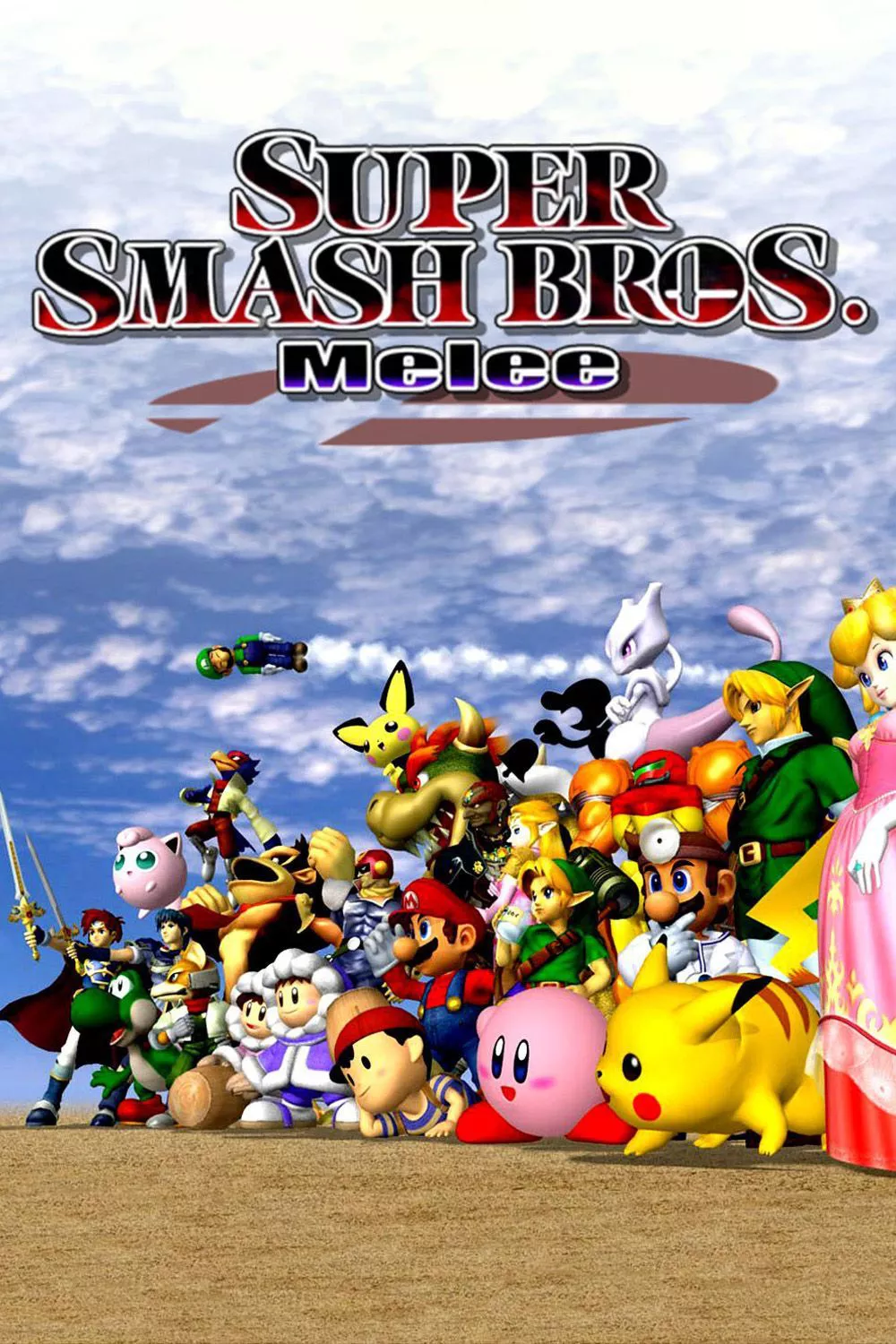 The cover art for Super Smash Bros. Melee features characters from prominent Nintendo franchises such as Pokemon, Kirby, Mario and Legend of Zelda.