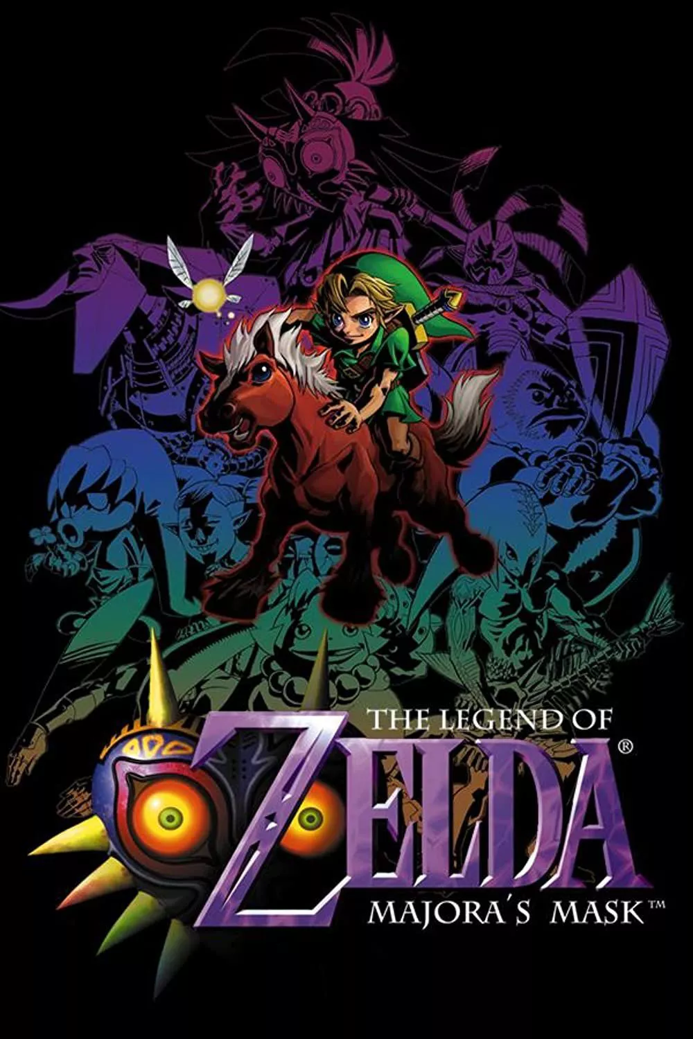 The Legend of Zelda: Majora's Mask cover art features link riding a horse while other characters of the game are behind him in stylistic shafes of pruple, blue, green, yellow and orange.