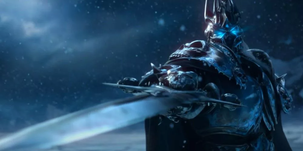 The Lich King from the World of Warcraft is wielding the cursed sword Frostmourne.