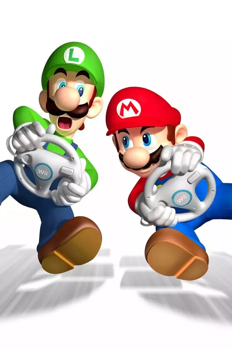 The Mario Kart Wii cover art depicts Mario and Luigi holding the Wii wheels.