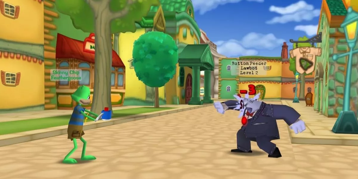 A Toontown Online character is in a cog battle.