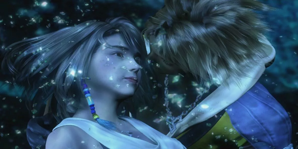 Tidus and Yuna about to kiss in Final Fantasy X.