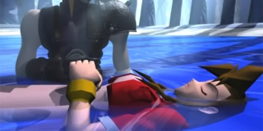 Cloud holding Aerith's body in Final Fantasy VII.