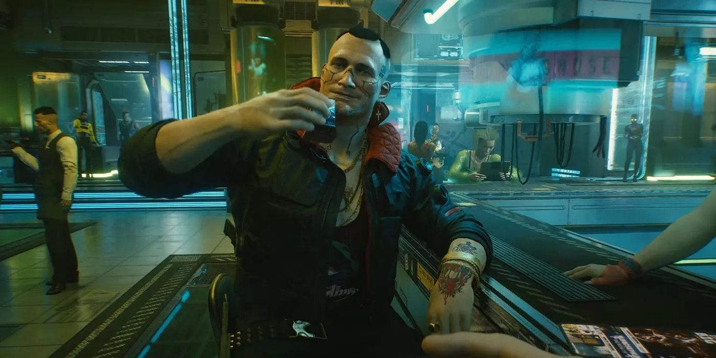 Jackie Wells from Cyberpunk 2077 holds a drink up.