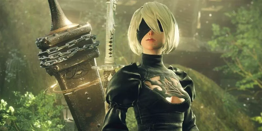 2B wanders through the forest.