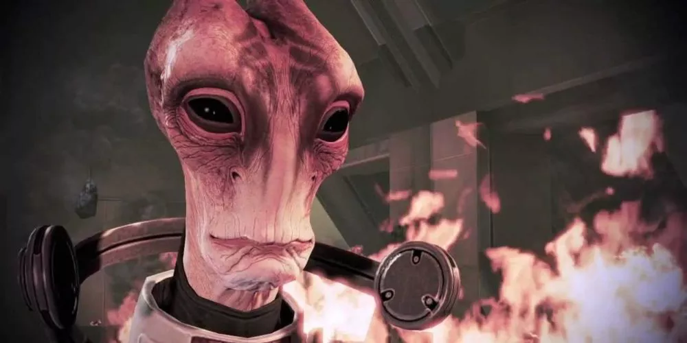 Mordin Solus smiles as he accepts his fate in Mass Effect 3.