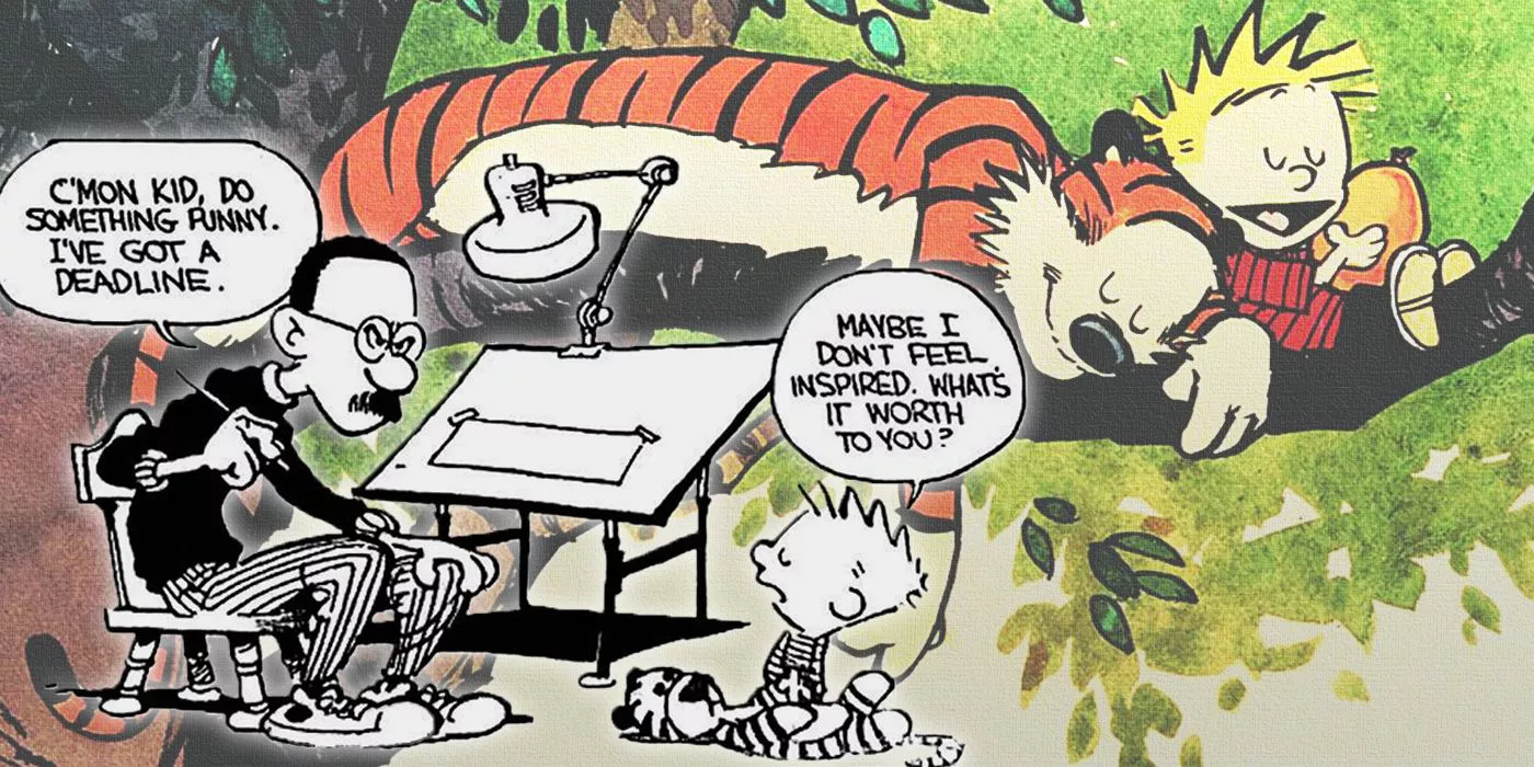 Bill Watterson self-portrait with Calvin and Calvin and Hobbes lounging in the background