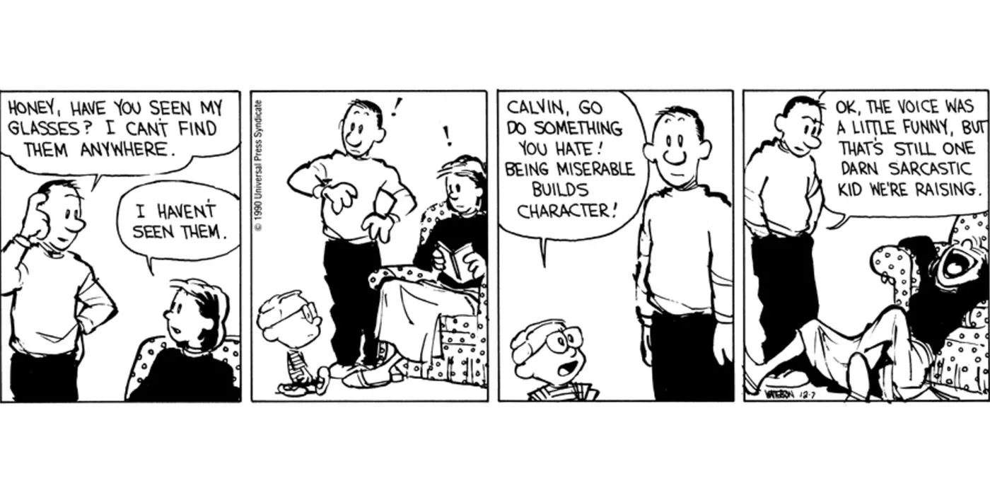 Calvin imitates his dad while wearing his dad's glasses in Calvin & Hobbes.