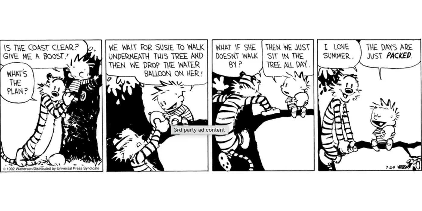 Calvin and Hobbes talk about the "busy" summer days while making a plan in Calvin & Hobbes