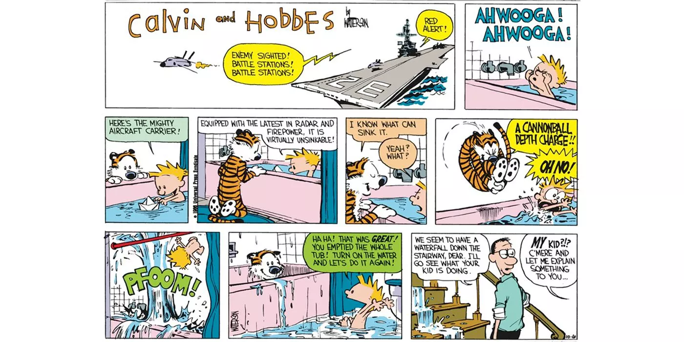 Calvin and Hobbes cause a bathtub-borne flooding of the bathroom and upstairs in Calvin & Hobbes.