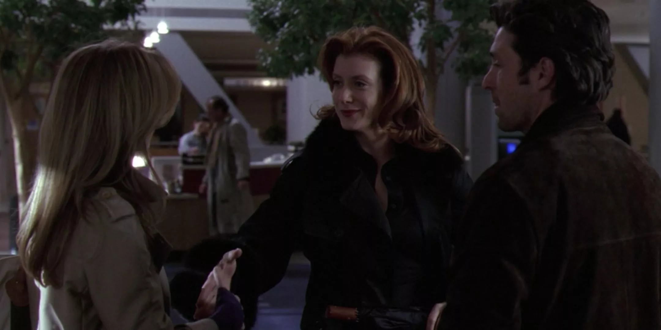 Addison Montgomery smiles and shakes Meredith's hand as they meet in Grey's Anatomy.