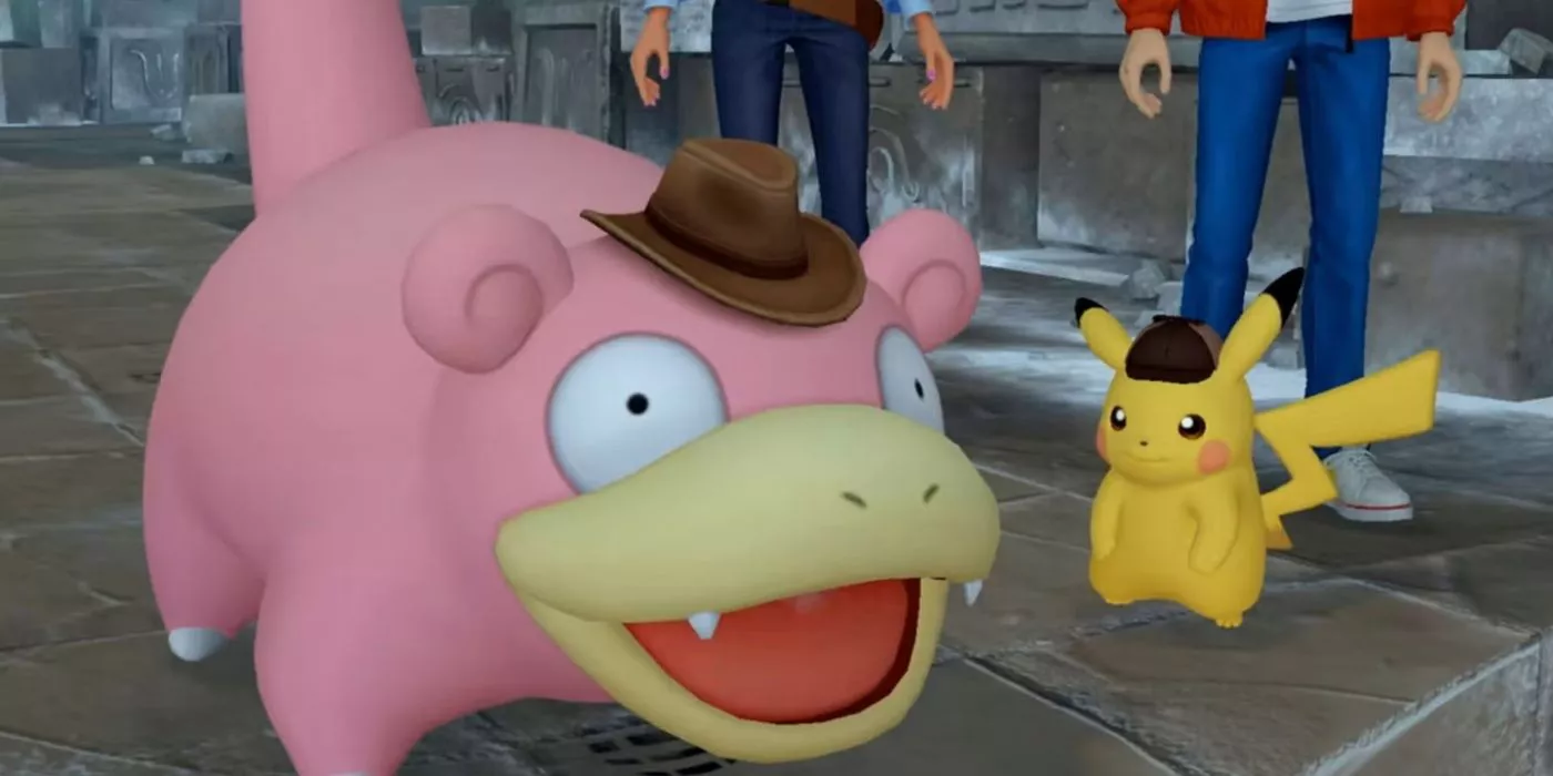 A Slowpoke with a blank stare next to Pikachu in Detective Pikachu Returns.