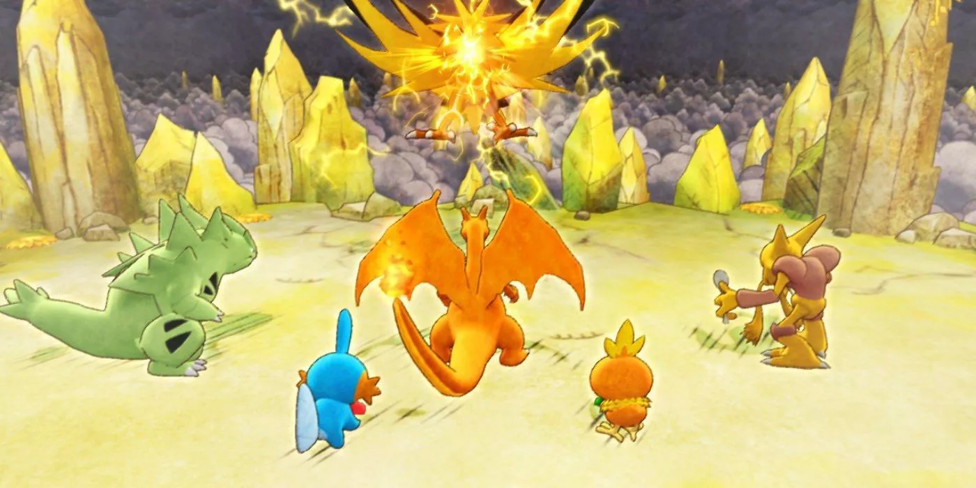 Pokémons unite forces to defeat an enemy in Pokémon Mystery Dungeon