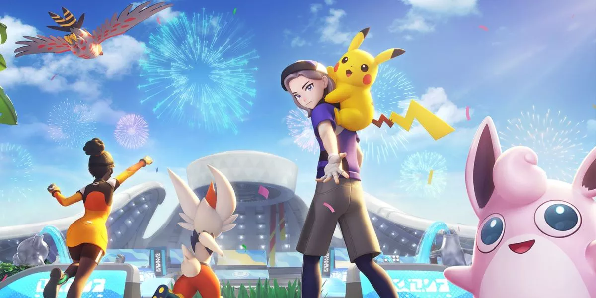 Pokémon Unite poster shows a Pokémon Trainer with Pikachu on his shoulder, Wigglytuff in the foreground.