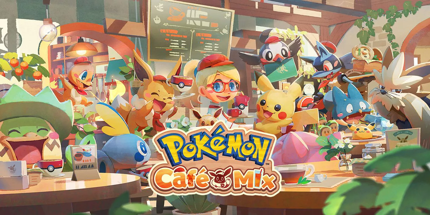 Pokemon Cafe Mix key art with the player character surrounded by Pokemon.