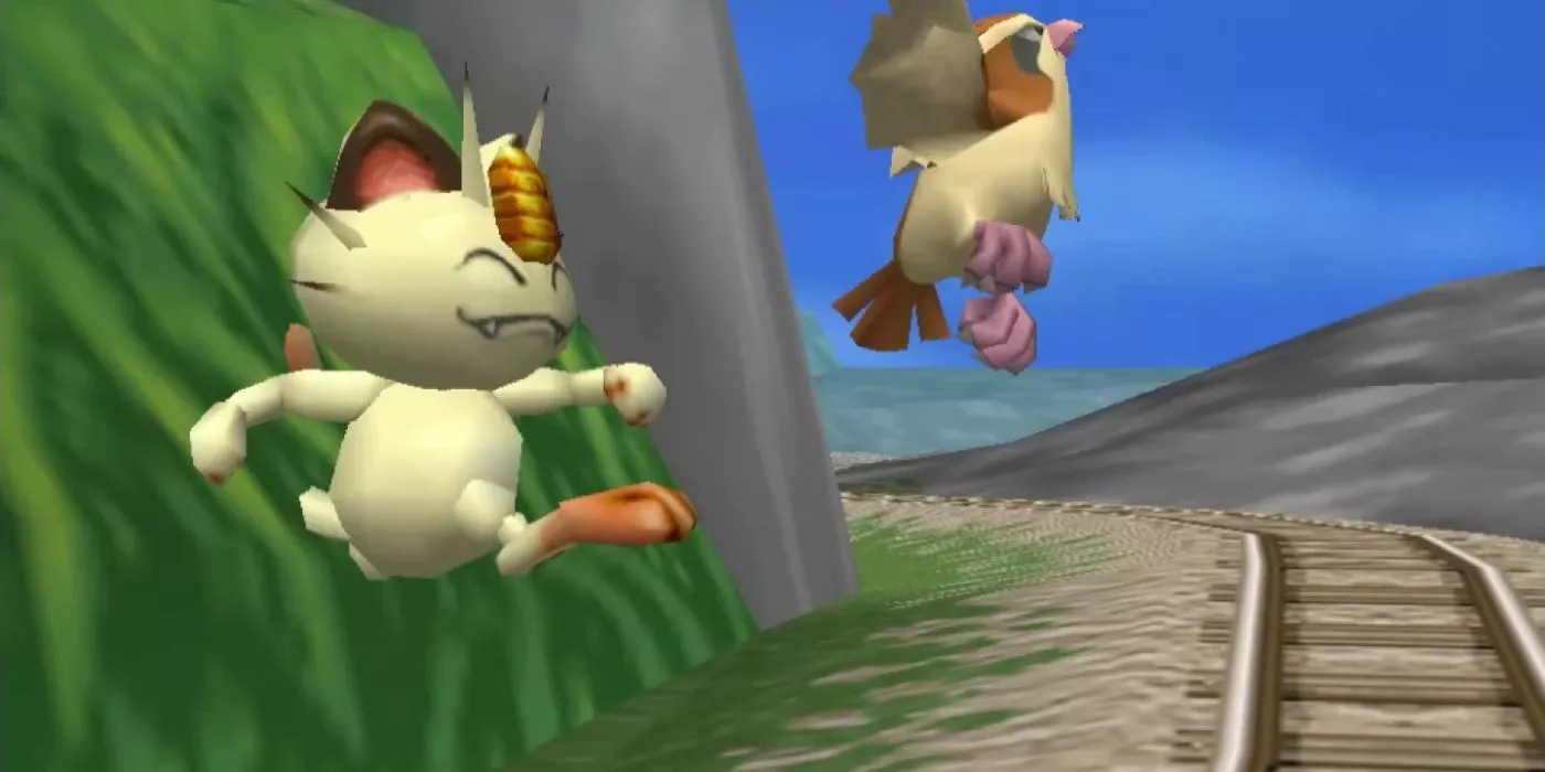 Meowth jumps next to train rails in Pokémon Snap