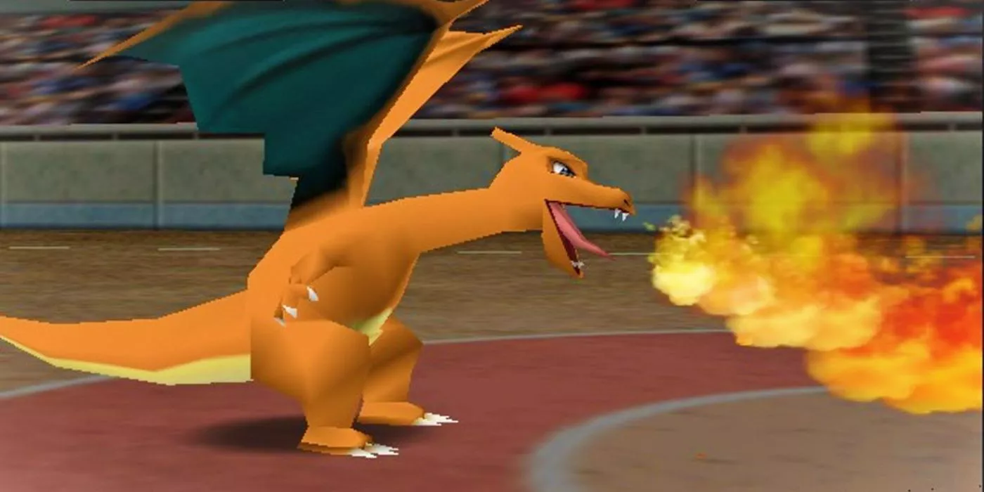 Charizard uses Flamethrower in Pokémon Stadium.