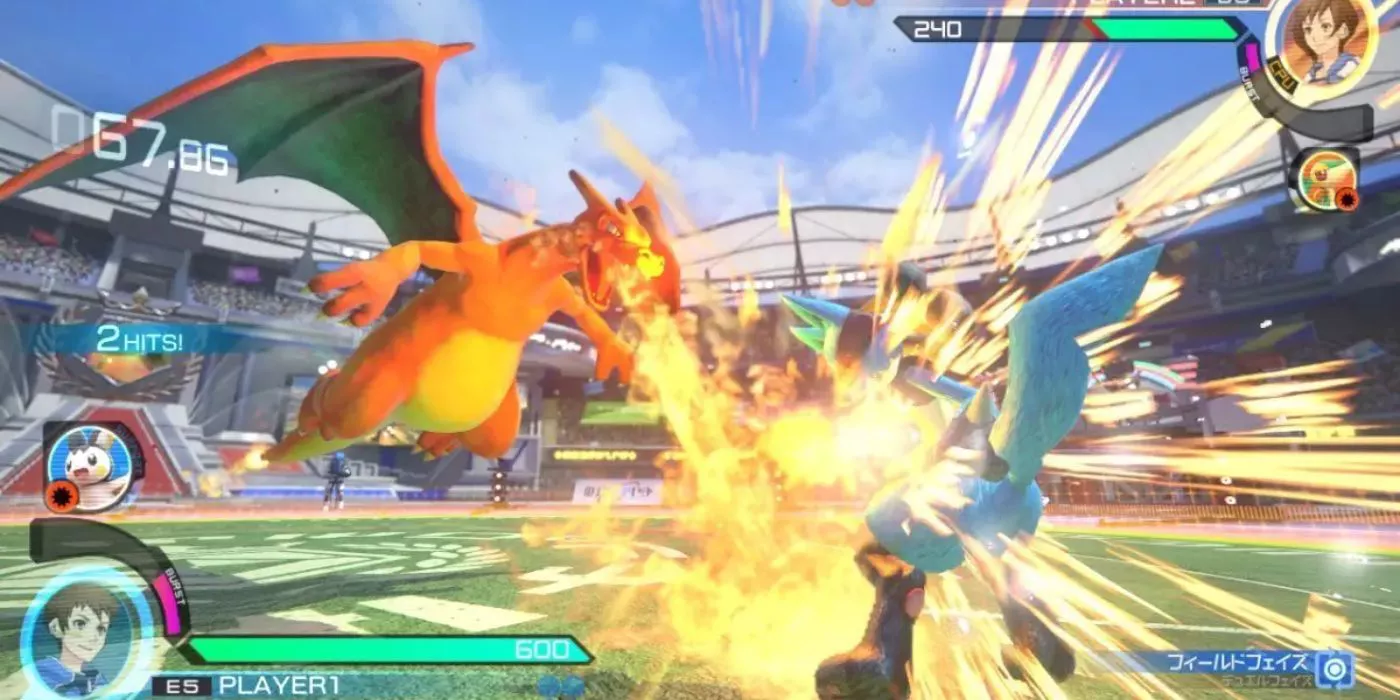 Charizard fights Lucario in Pokkén Tournament DX.