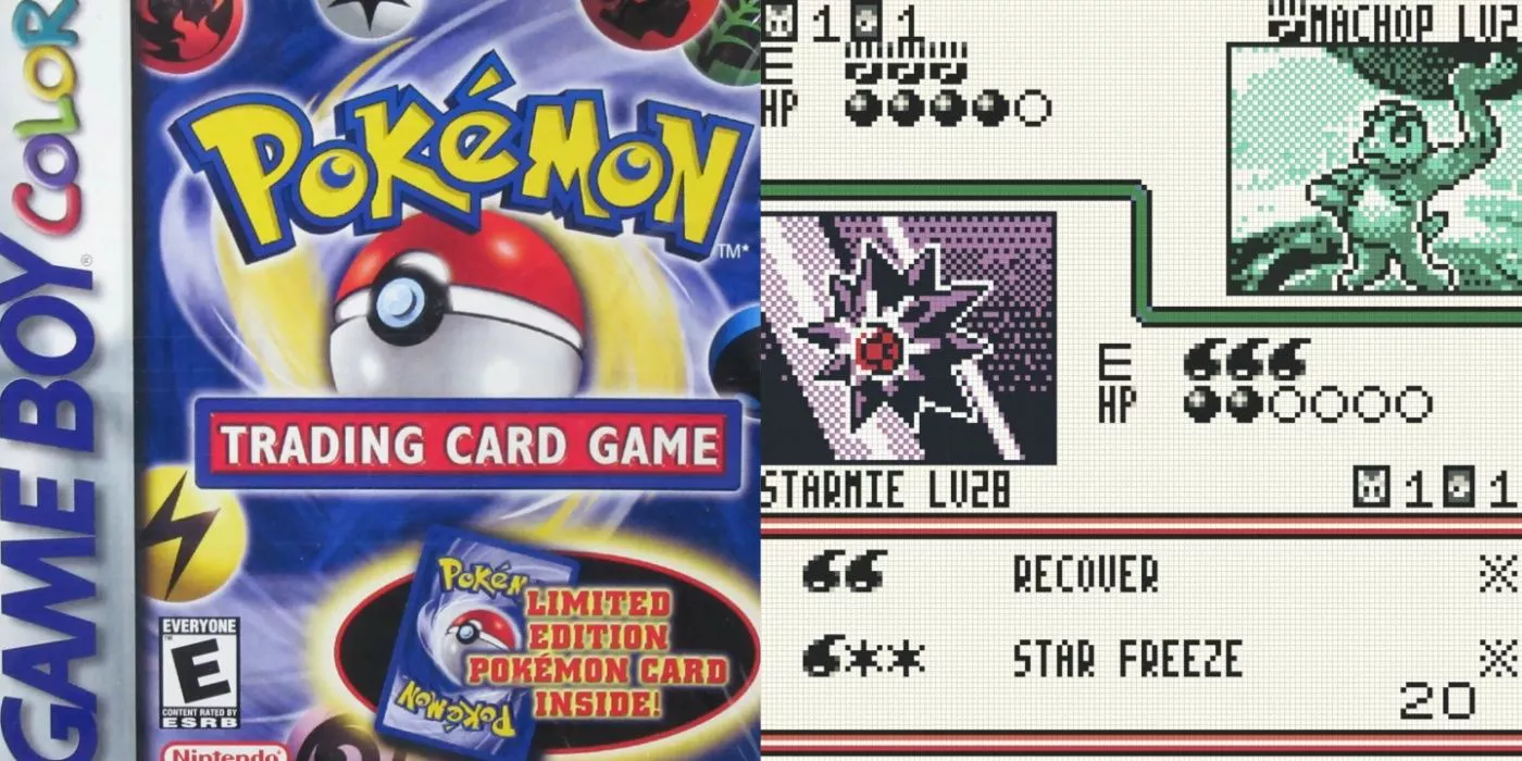 Split image shows the Pokémon TCG box art for the Game Boy Color and a gameplay still.