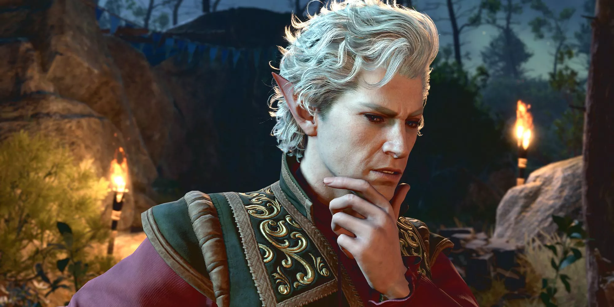 Baldur's Gate 3 Astarion stands deep in thought with his hand resting on his chin.