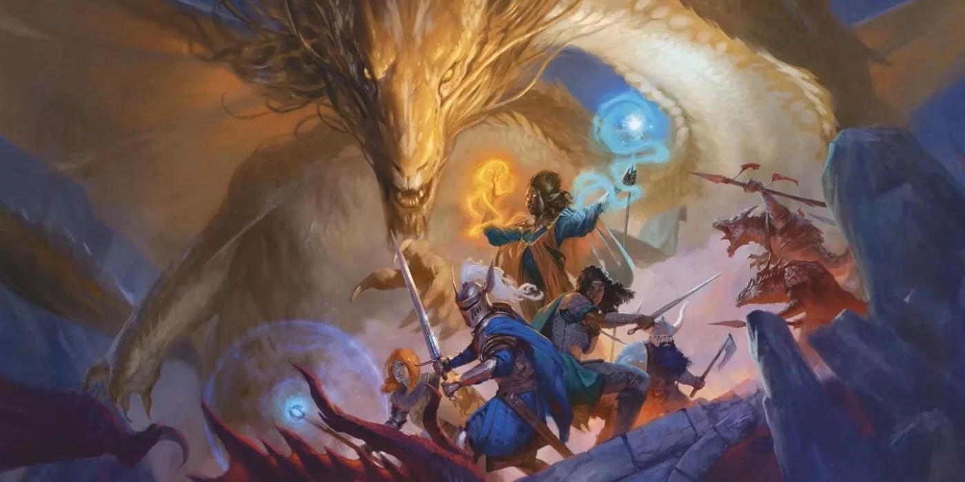 Adventurers surrounded by beasts in cover art for the D&D 2024 Player's Handbook.