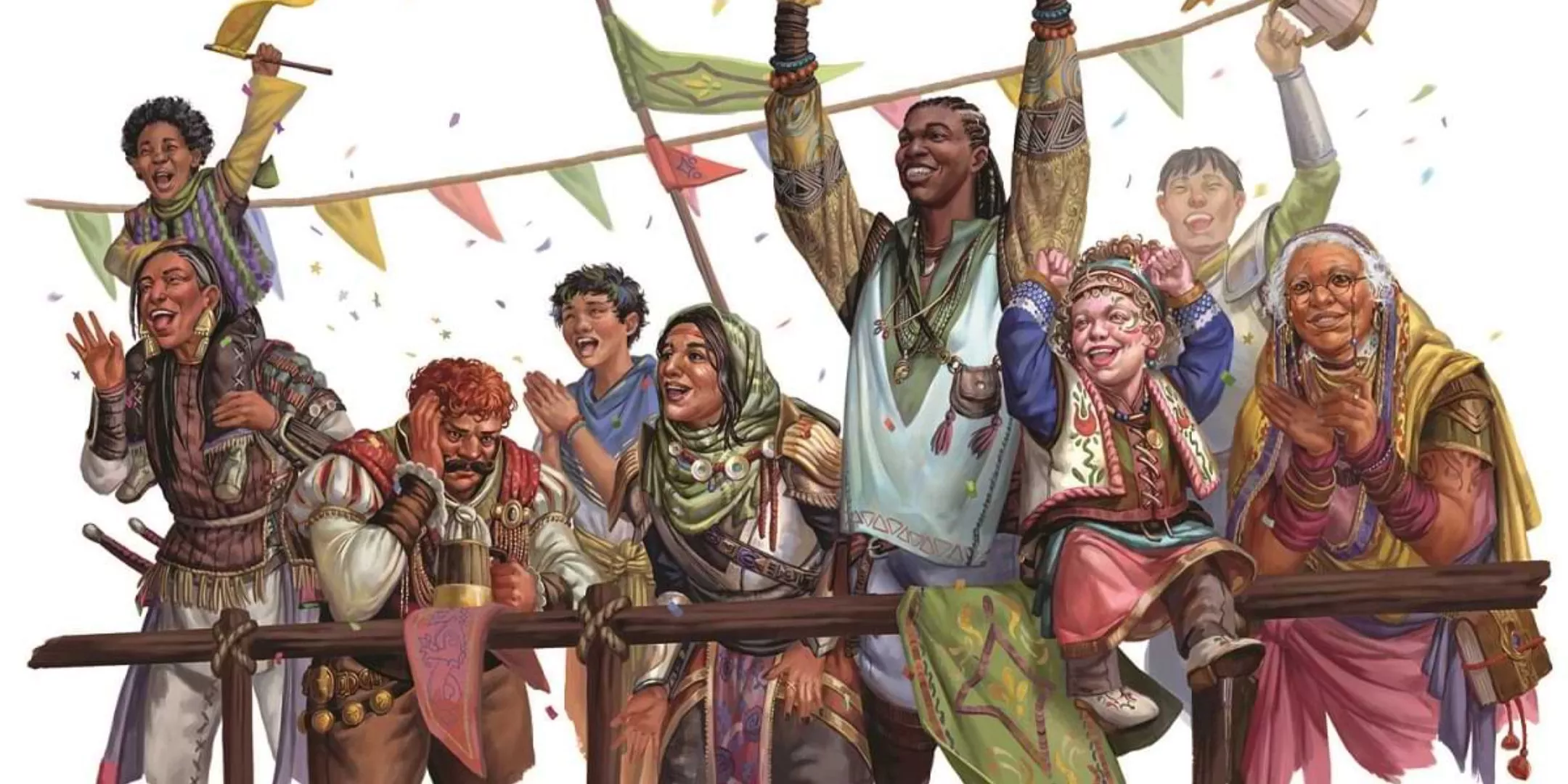 A group of Dungeons & Dragons characters stand against a fence at an event and cheer in DnD 5e