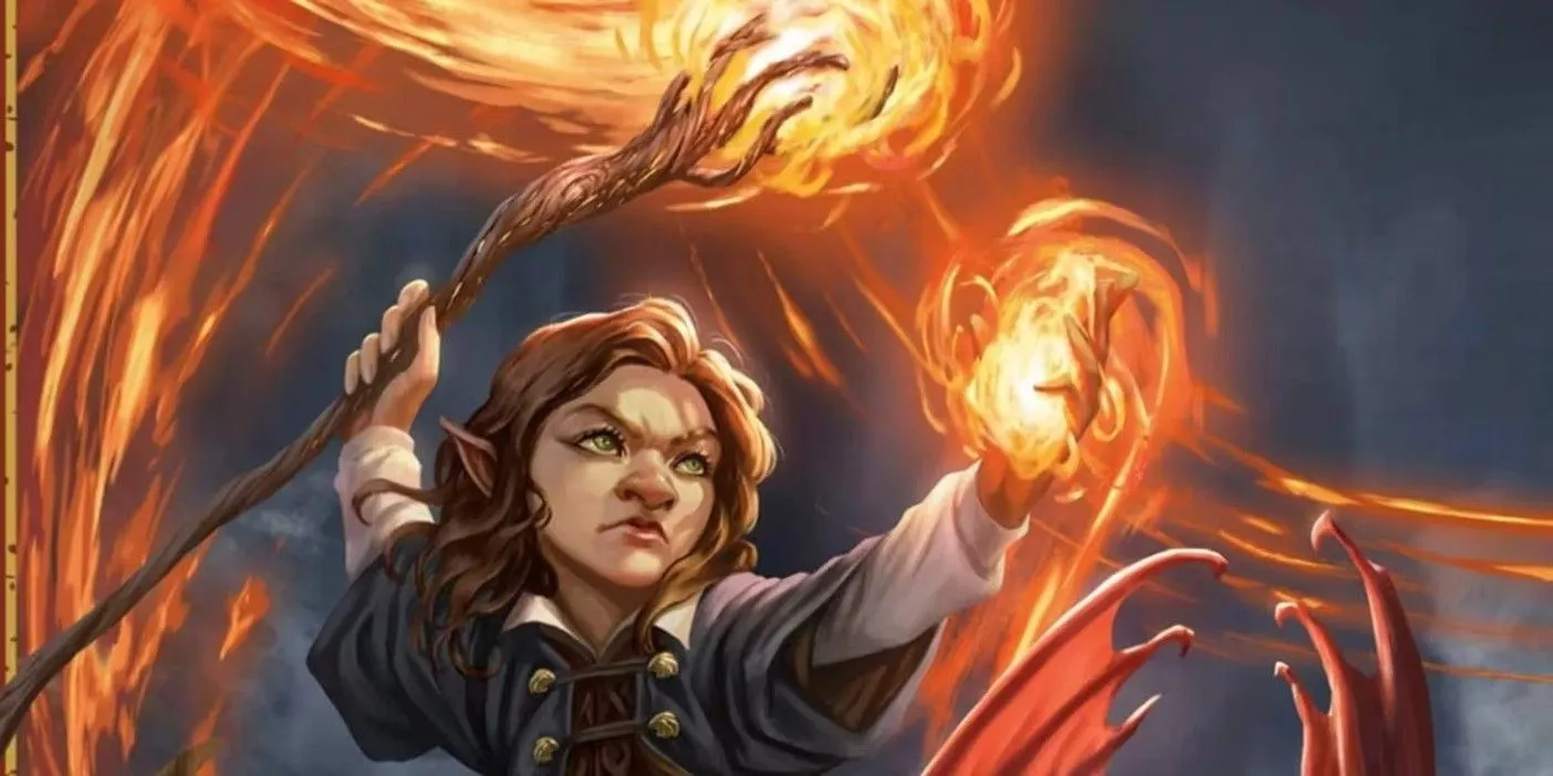 A halfling wizard wields a wand of fireball.