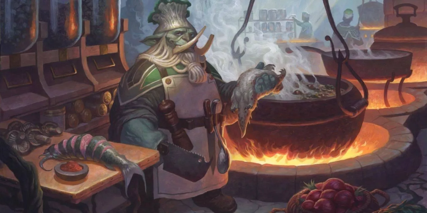 A D&D fantasy character cooking in his kitchen.