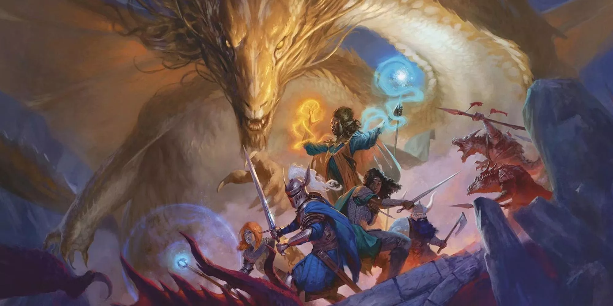 The Dungeons and Dragons 5e 2024 Player's Handbook cover art featuring a party in front a gold dragon.